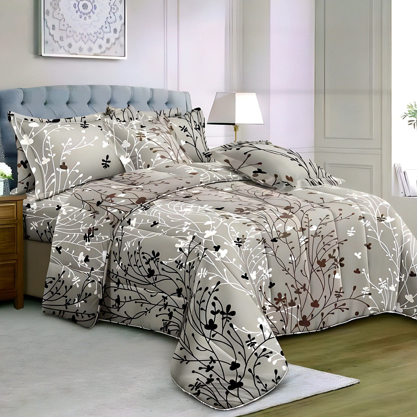 Soft luxury printed bedsheet with pillow covers in grey color