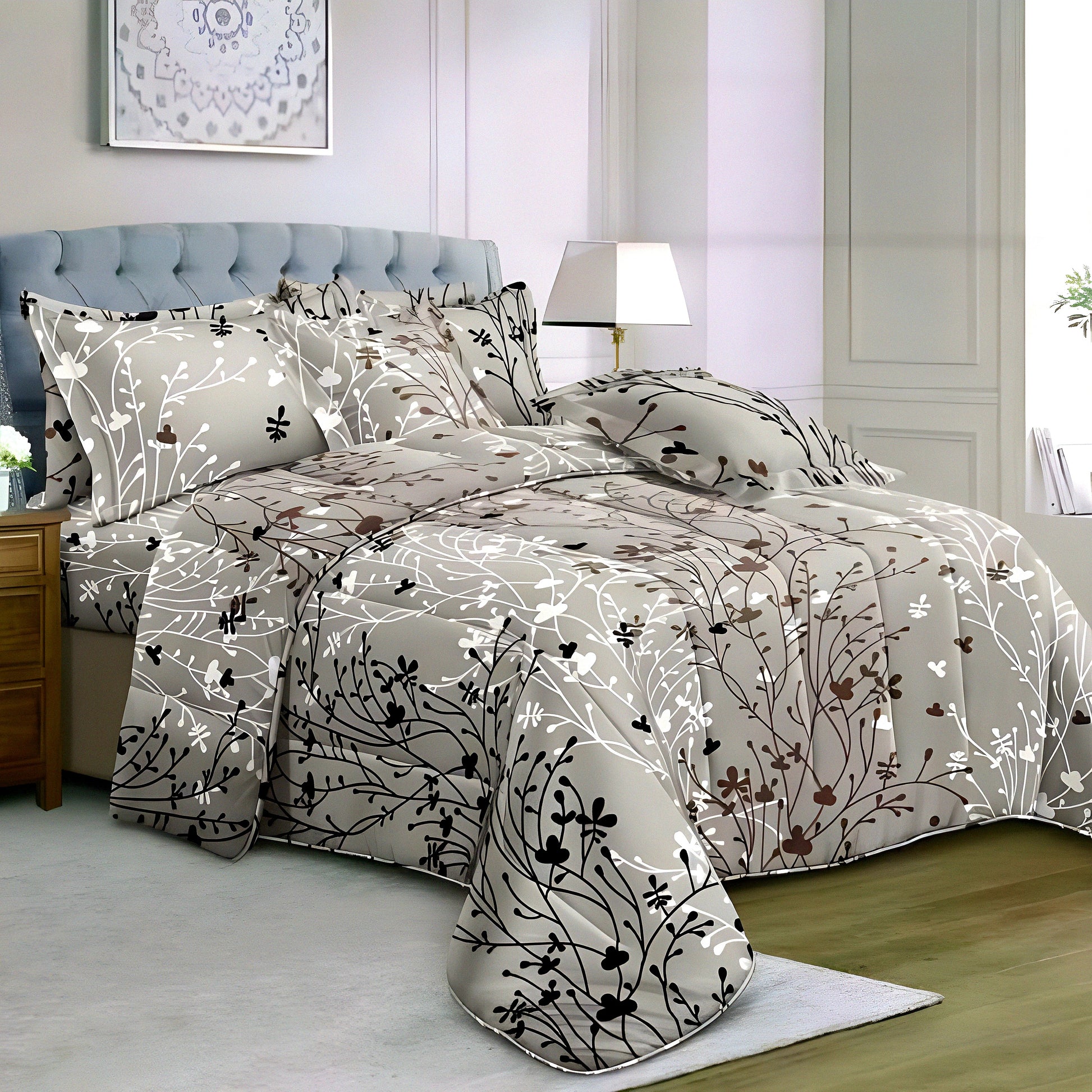 Soft luxury printed bedsheet with pillow covers in grey color