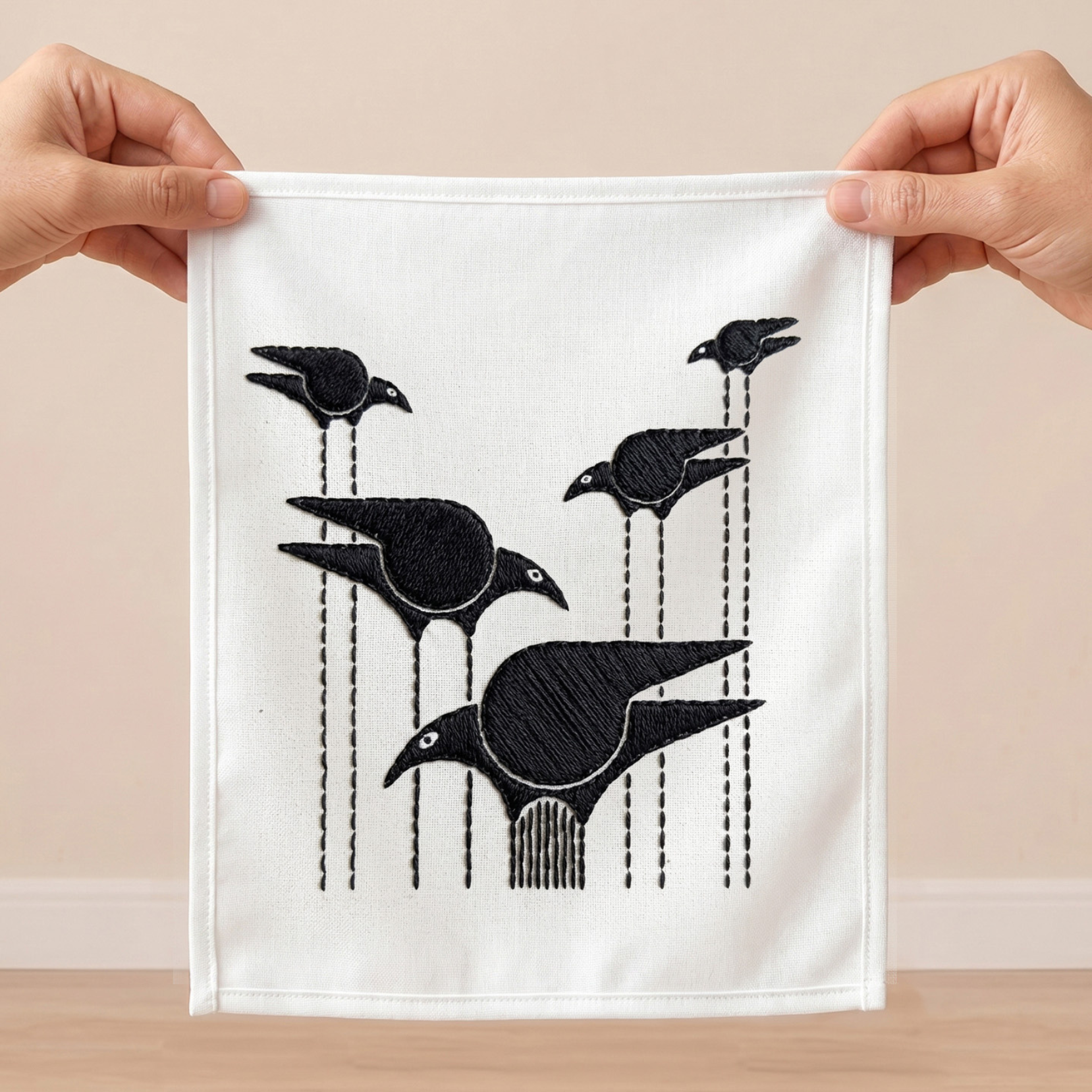Minimalist black bird embroidered wall art on white fabric for modern home décor.