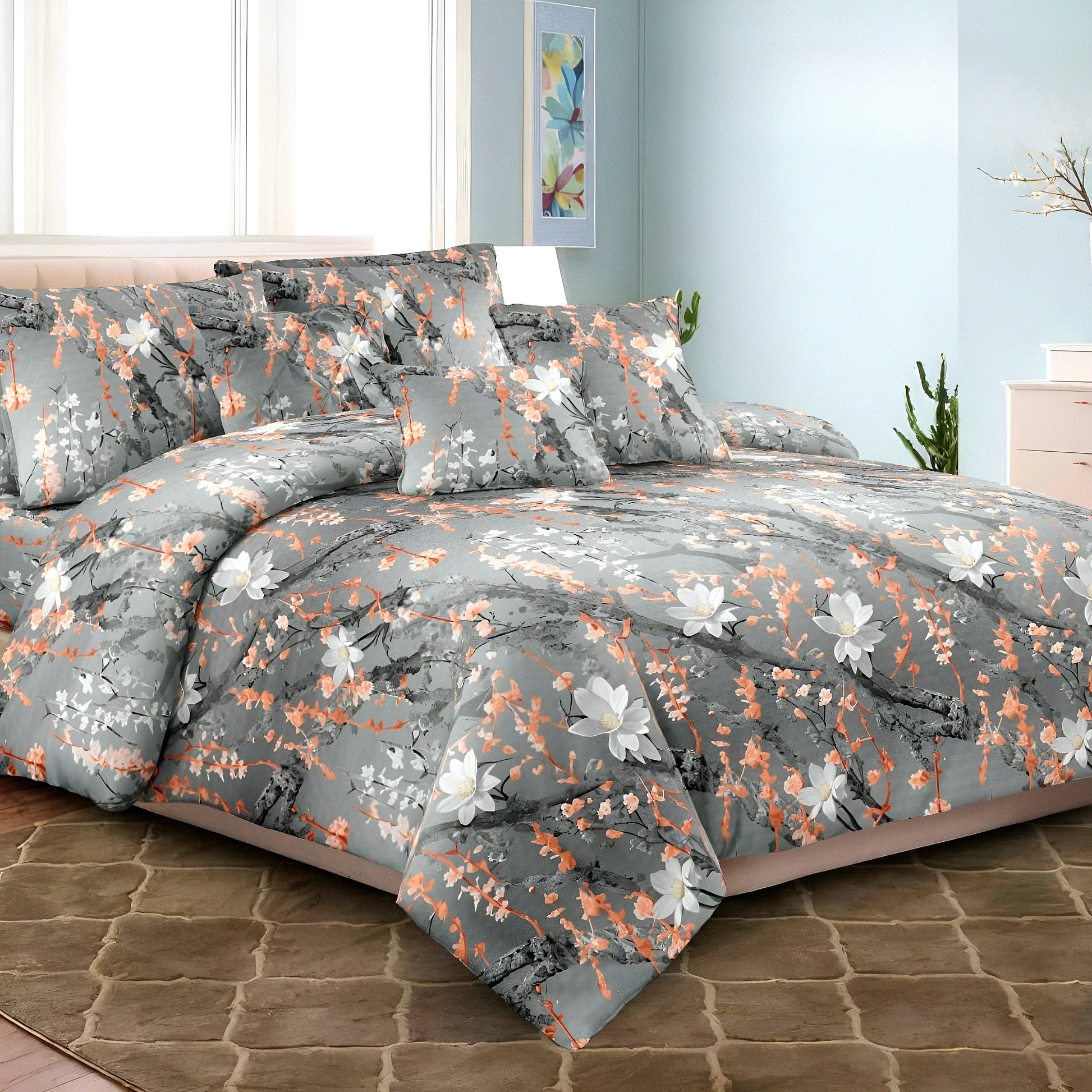 Modern grey bedsheet floral design bedroom bedding