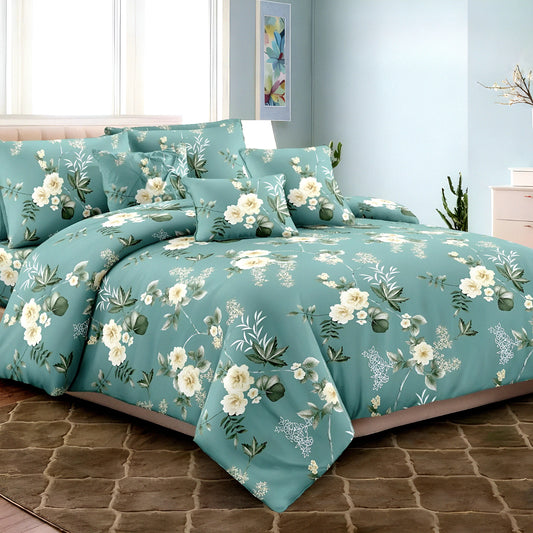 Teal floral luxury bedsheet set with pillow covers