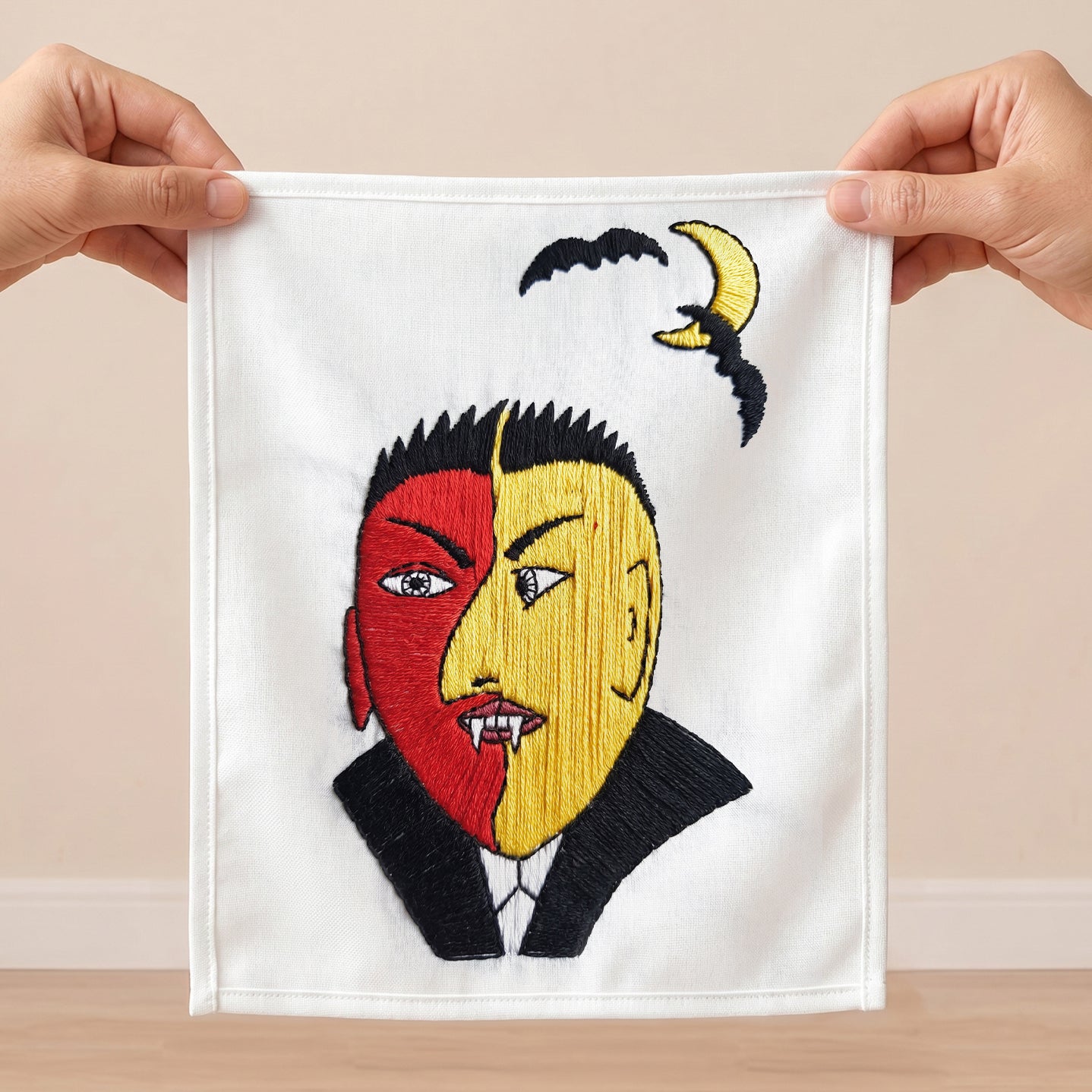 Abstract embroidered face wall hanging for contemporary home décor
