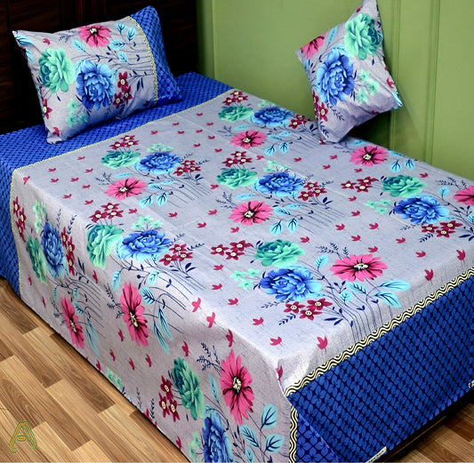 Blue and gray floral cotton bedsheet with pillow covers